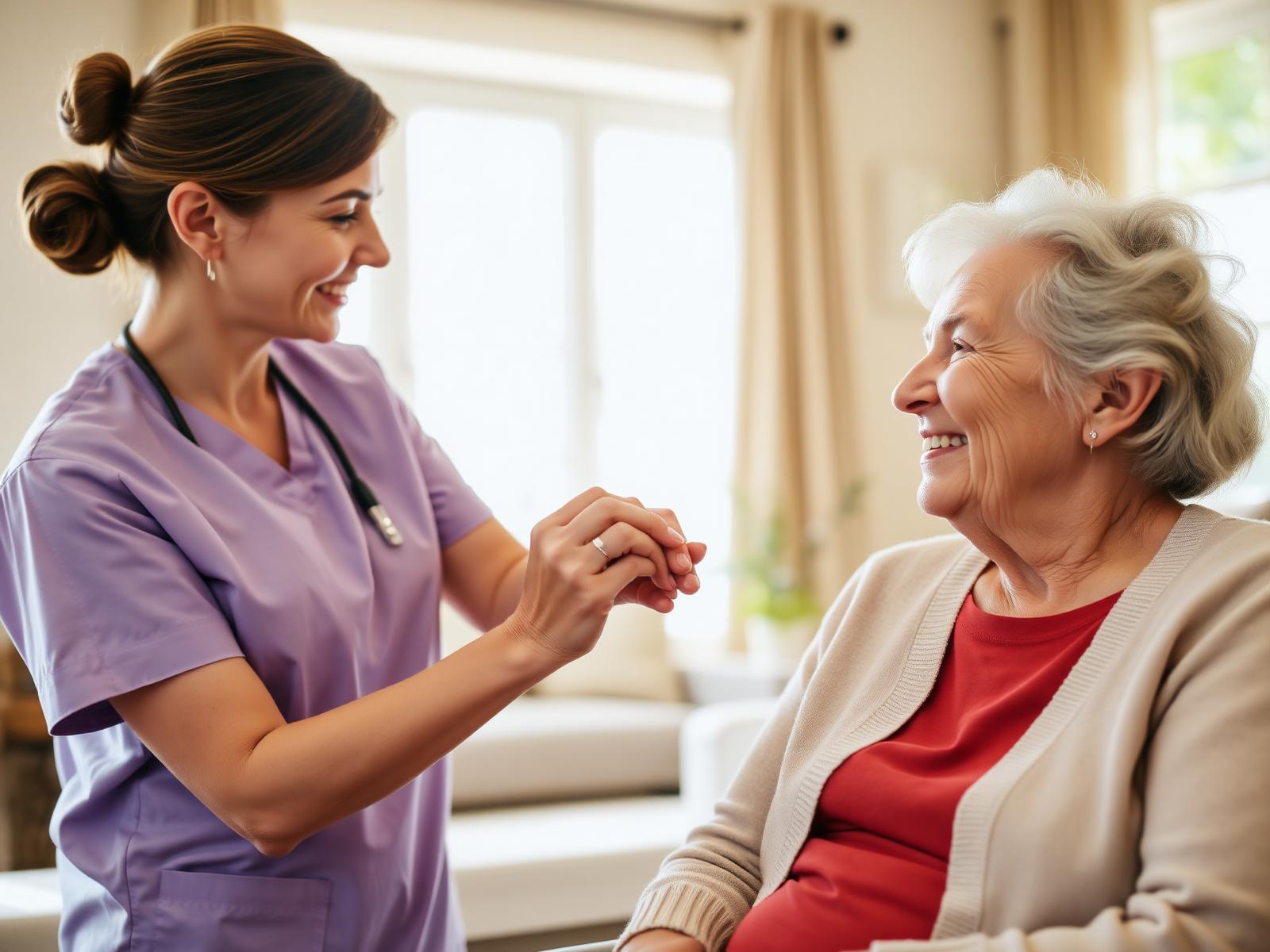 Compassionate caregiver holding hands with a smiling senior client at home